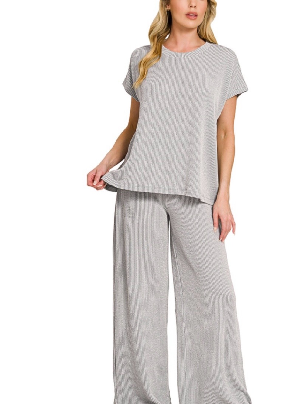 Zenana Light Gray Raised Ribbed Two-Piece Lounge Set size M